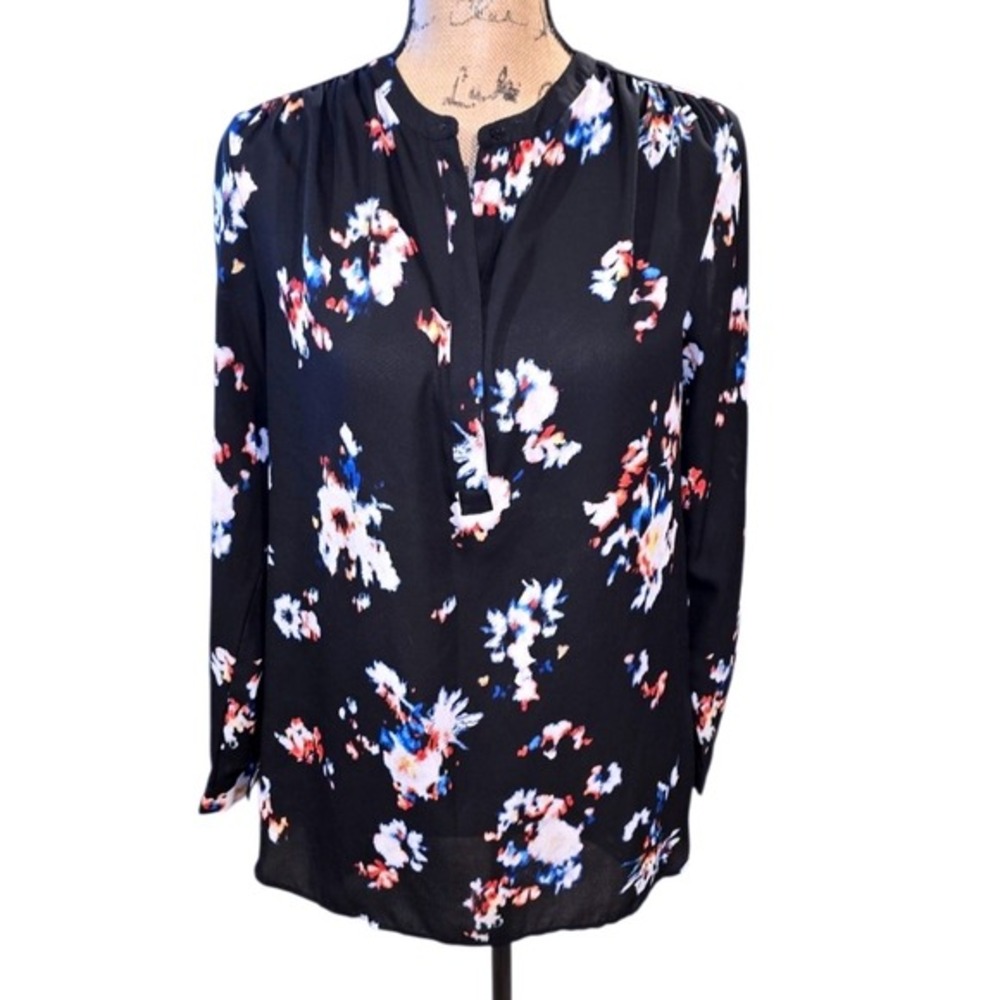 Violet + Claire‎ Black Floral Print Long Sleeve V Neck Button Top Womens Size S